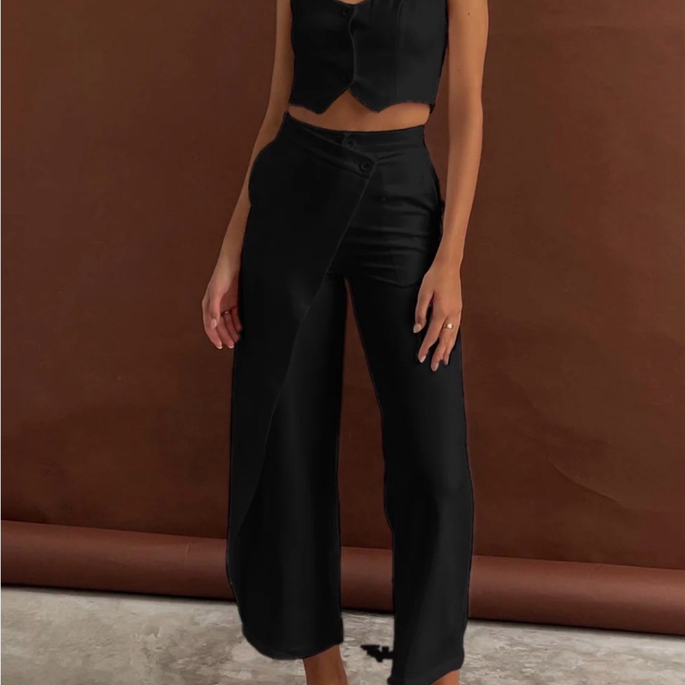 Commense Black Asymmetric Wide-Leg Pant Set - Picture 2 of 5